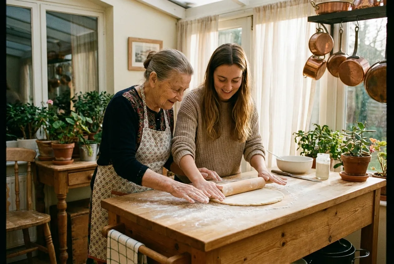 A Willowmere carer and an elderly client rolling pastry together at a flour-dusted kitchen bench