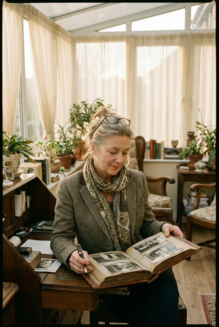 Eleanor Marsh, founder of Willowmere Home Care, reading the first client photo album at her desk