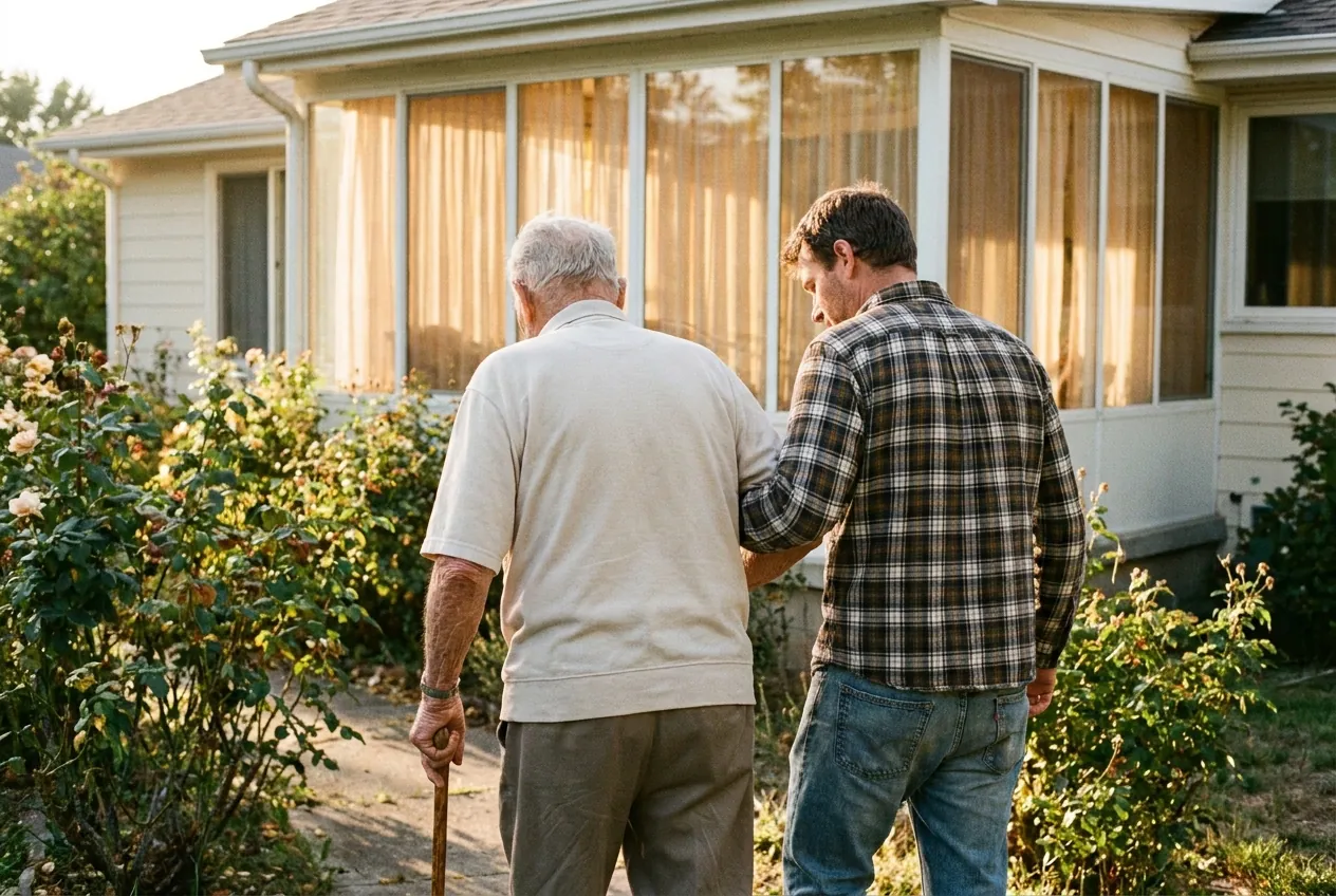An elderly man and his Willowmere carer walking arm in arm along a garden path in the late-afternoon light