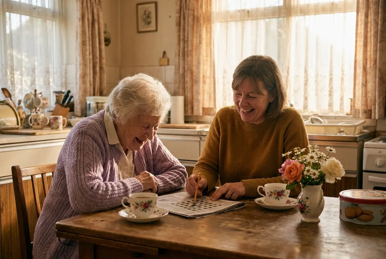 An elderly woman and her Willowmere carer laughing together over a crossword at a sunlit kitchen table