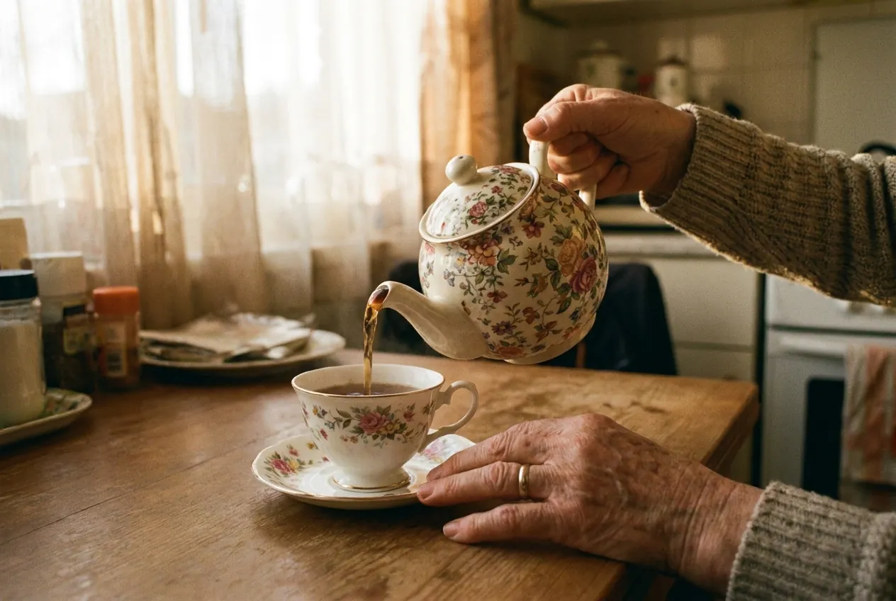 A carer pouring tea into a floral china cup while an elderly hand rests on the saucer