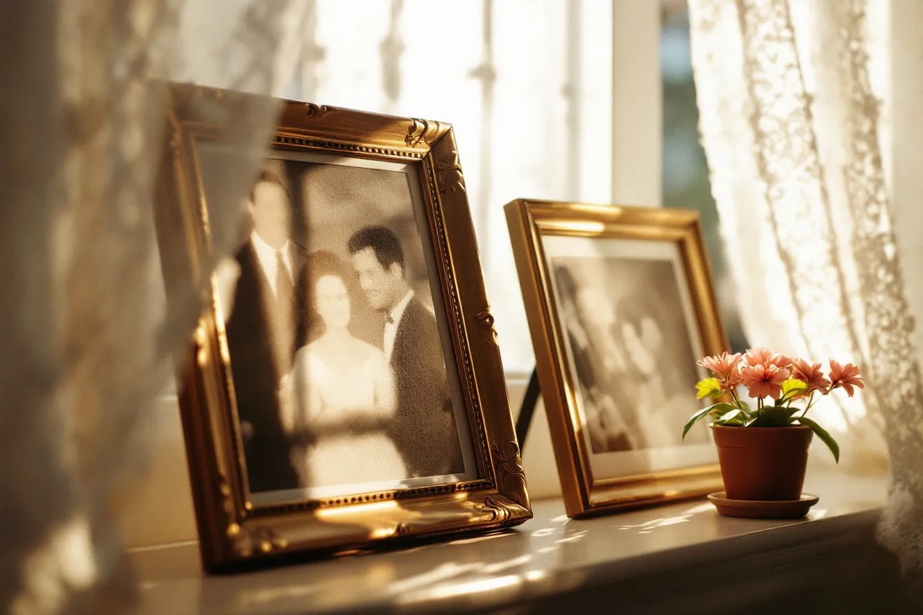 Old framed family photographs on a sunlit windowsill behind a lace curtain