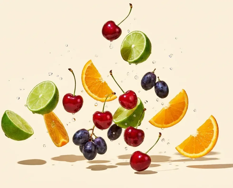 Fresh cherries, limes, orange wedges and grapes tumbling mid-air on a cream studio set