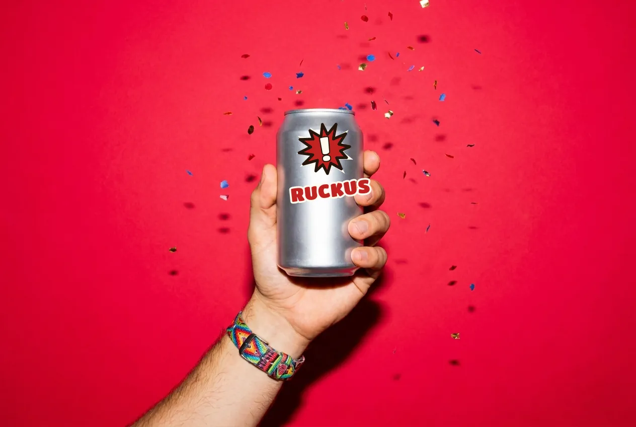 A hand raising a Ruckus-stickered soda can against a bright cherry-red backdrop