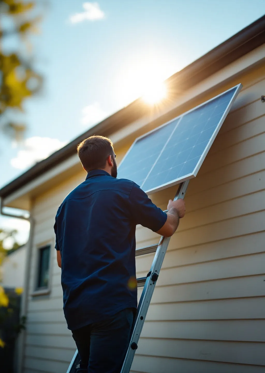 Installer carrying a panel across a roof