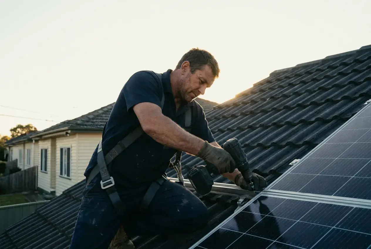 Installer clamping a panel to the mounting rail