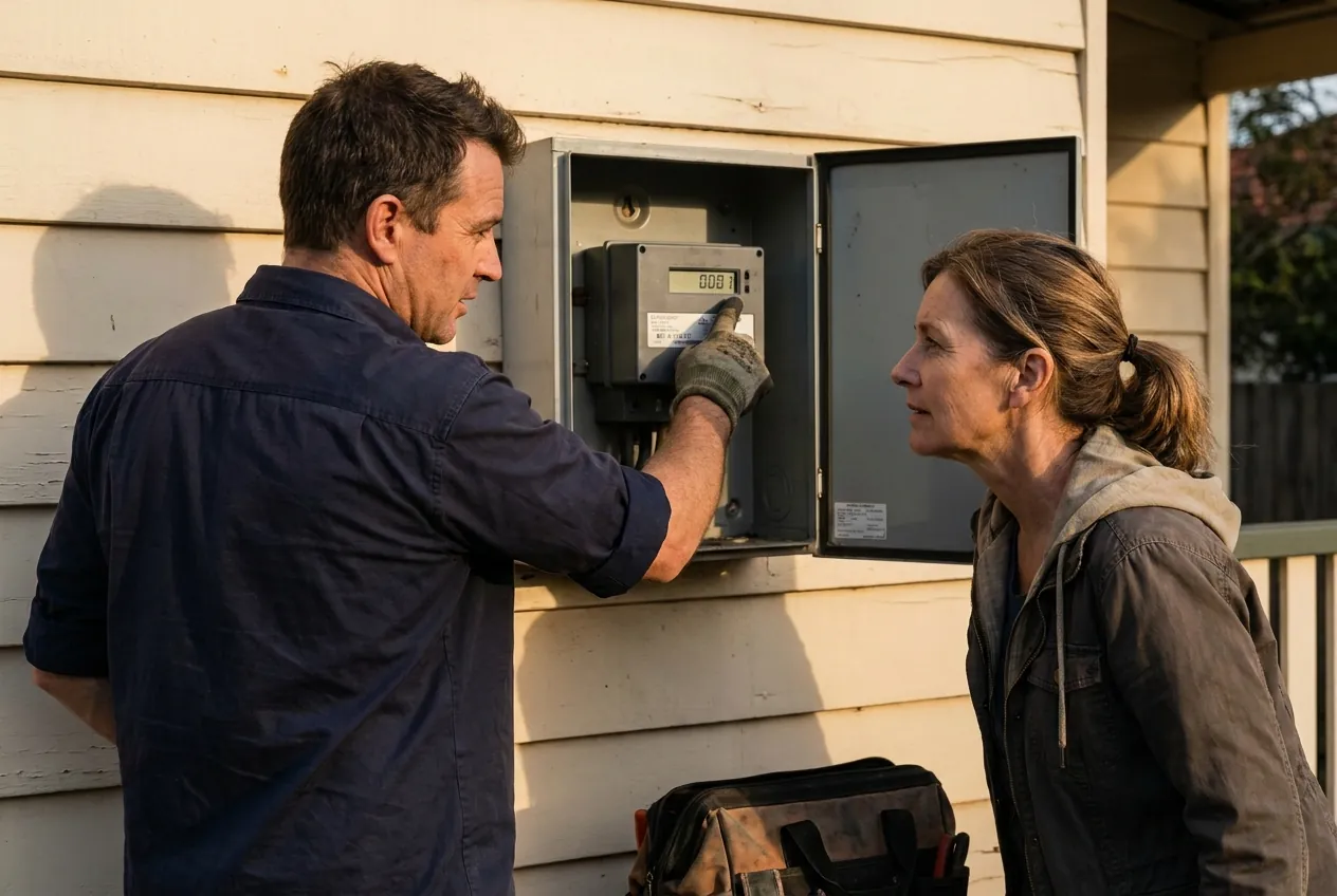 Installer walking a homeowner through the new meter board