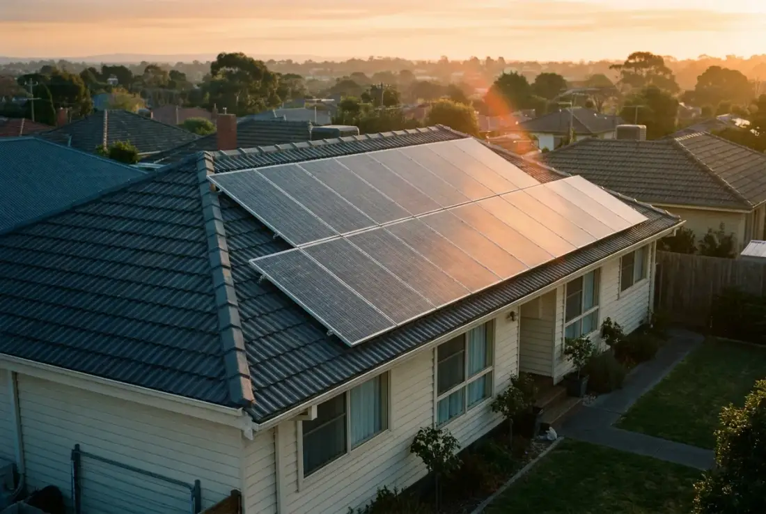 Panels on a dark roof at golden hour