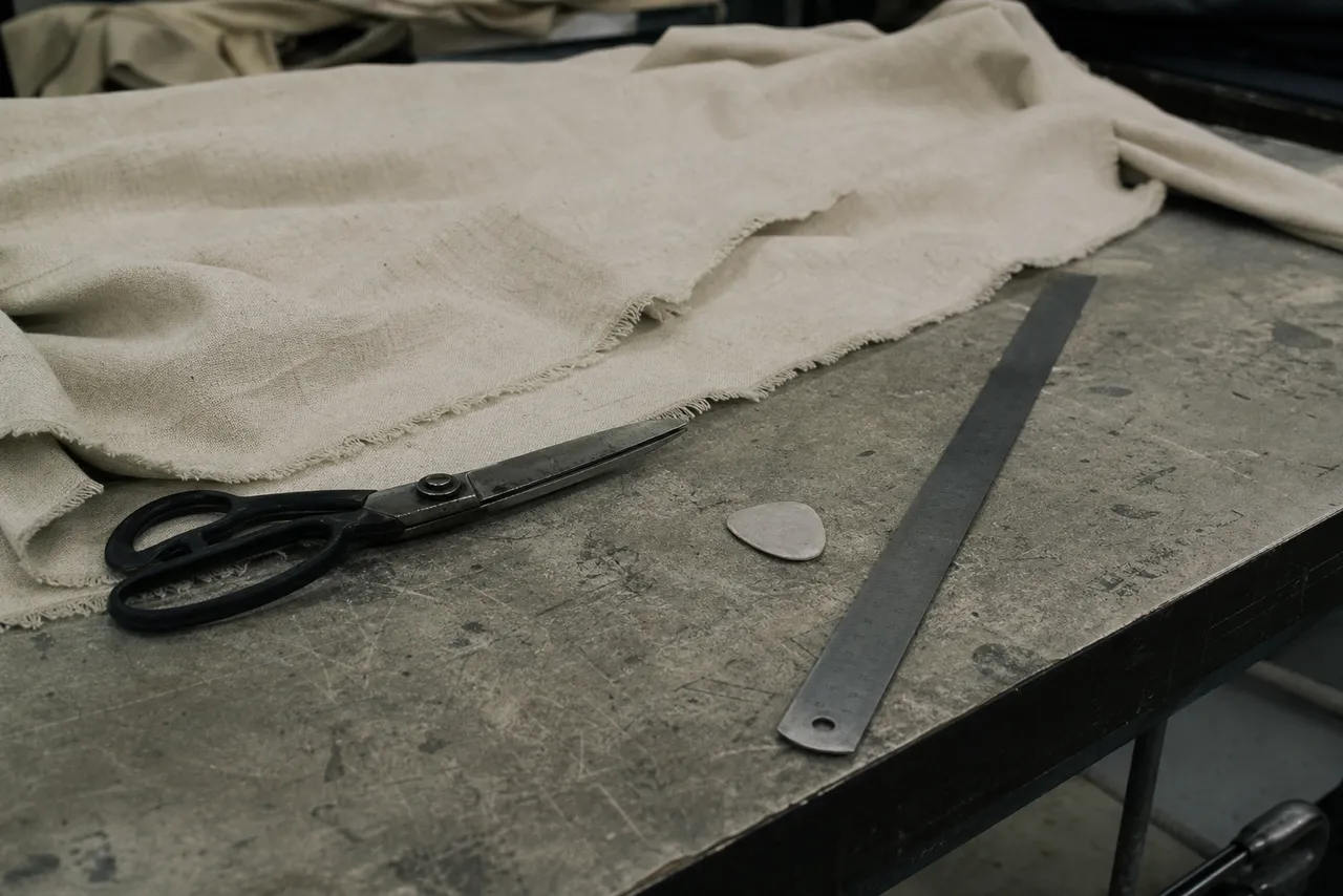 A length of oatmeal cloth, tailor's shears and a steel ruler on the worn OFFCUT cutting table