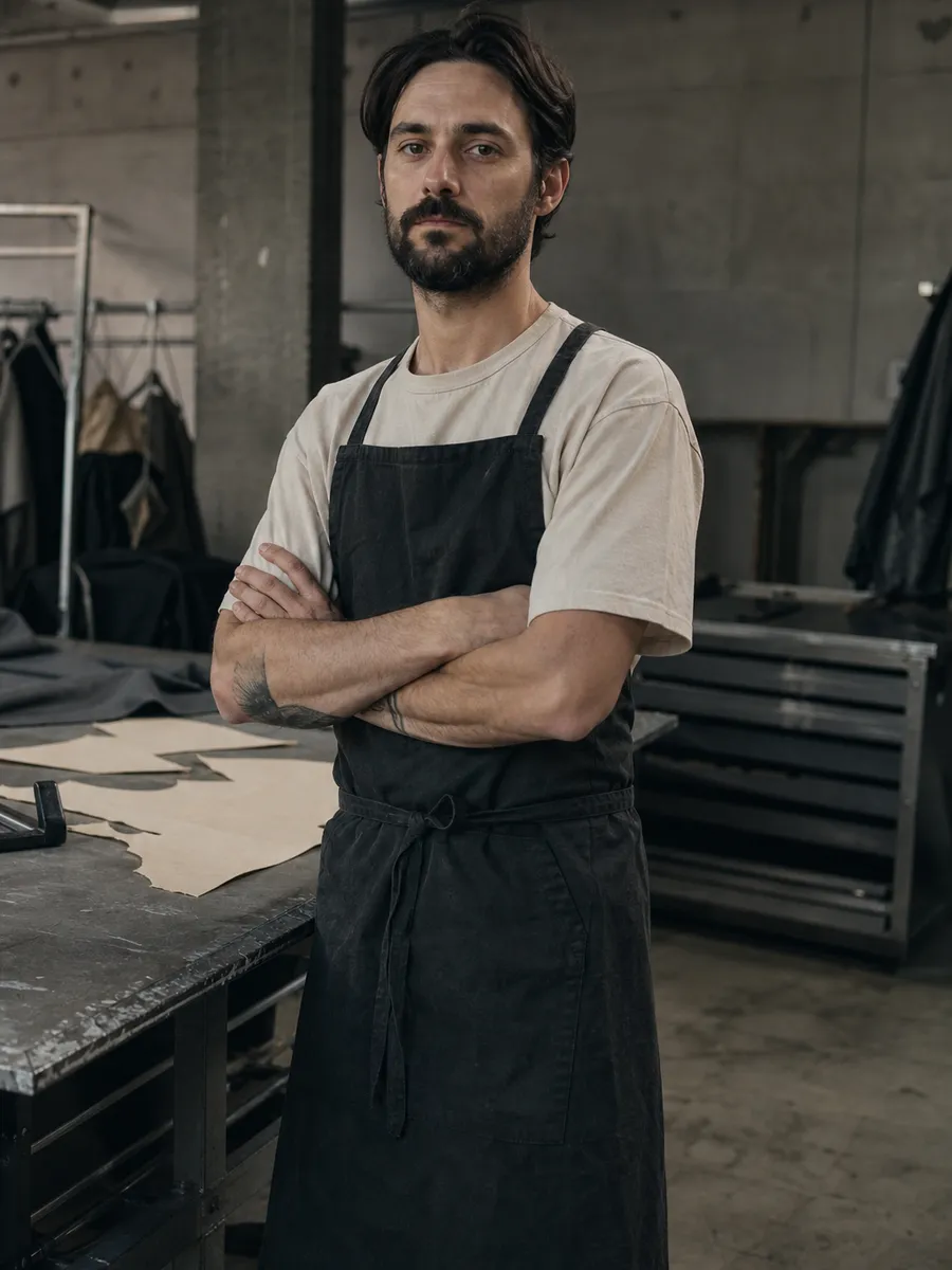 Remy Vale, founder and head cutter, at the OFFCUT cutting table in a charcoal work apron