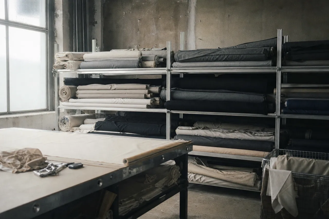 The OFFCUT cutting room: rolls of mill-end cloth on steel shelving beside the cutting table
