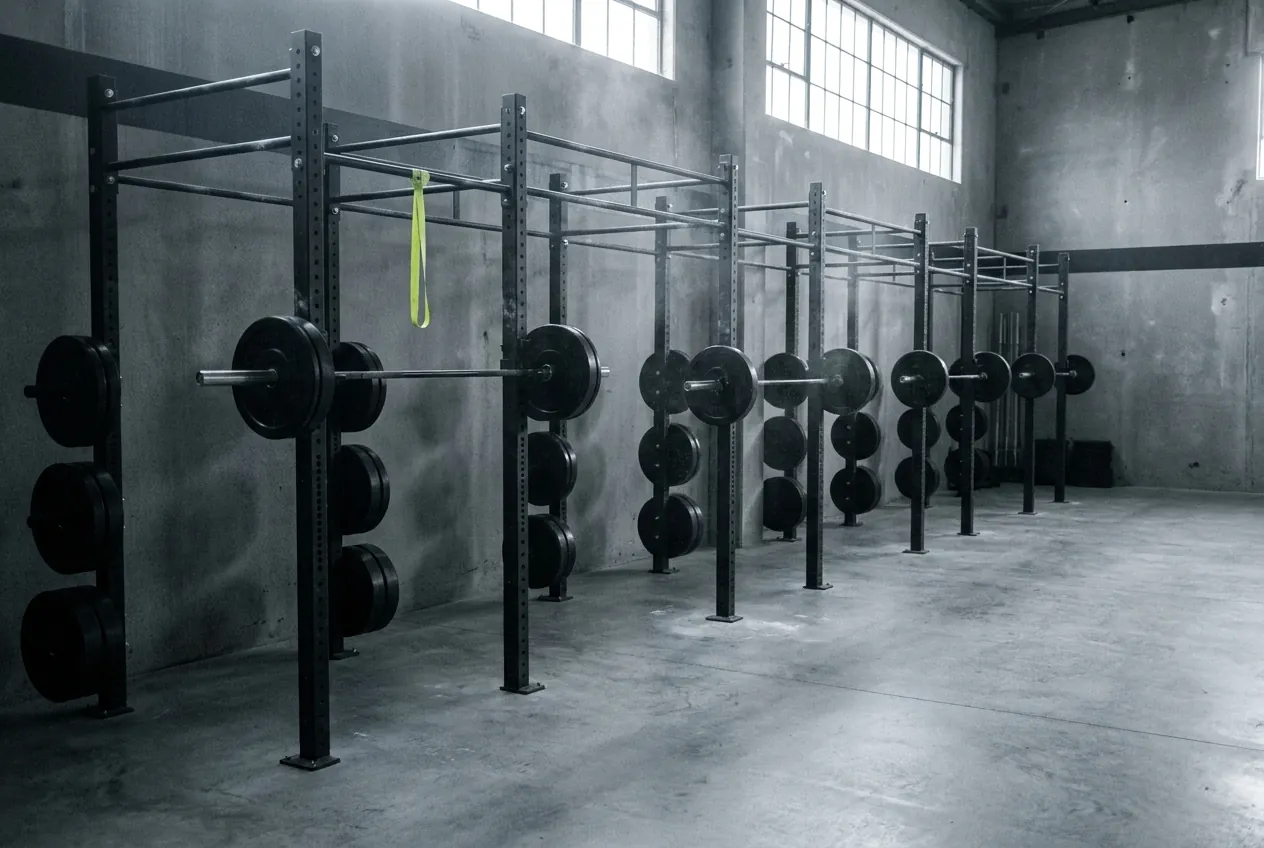 The empty club floor at dawn: black steel racks, loaded barbells and chalk dust hanging in cold morning light.