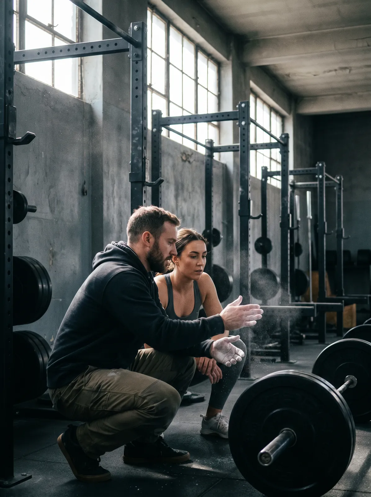 Head coach Marcus Hale crouched beside a loaded barbell, chalked hands out, briefing a member on her squat setup. Posed by models, not actual staff.