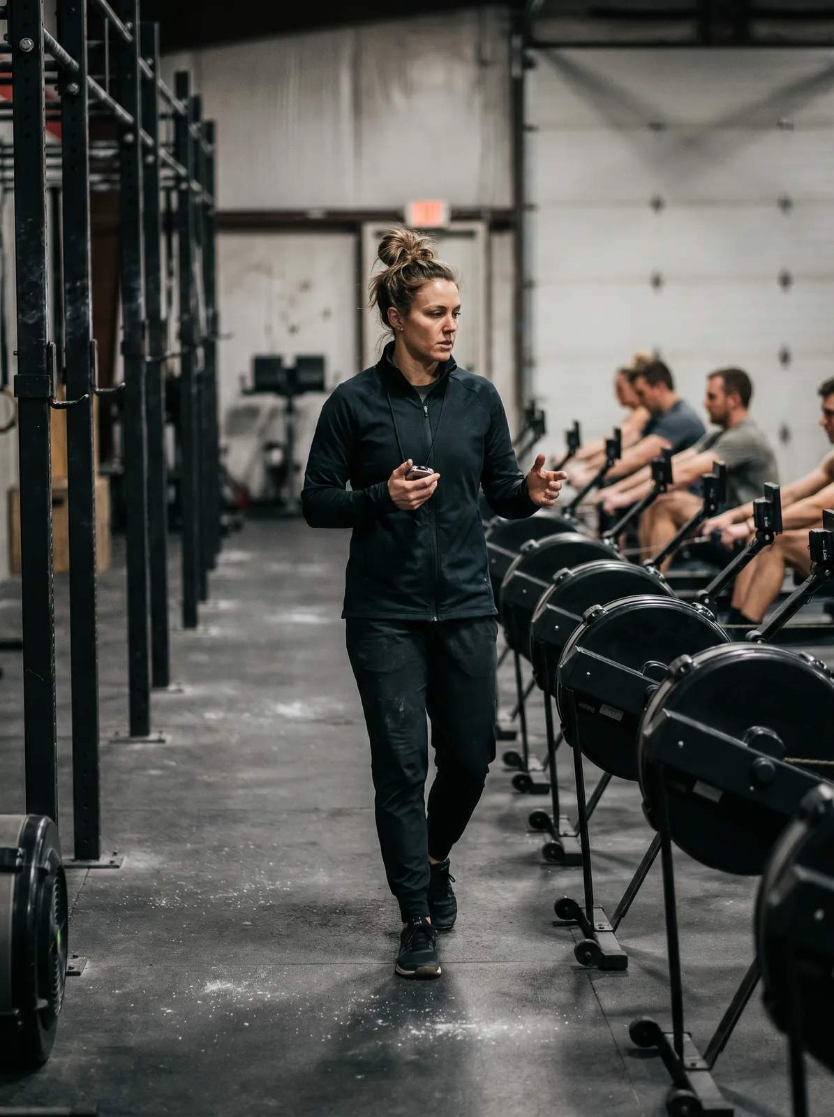 Coach Sofie Larsen pacing the rower line mid-session, stopwatch in hand, calling the pace. Posed by models, not actual staff.