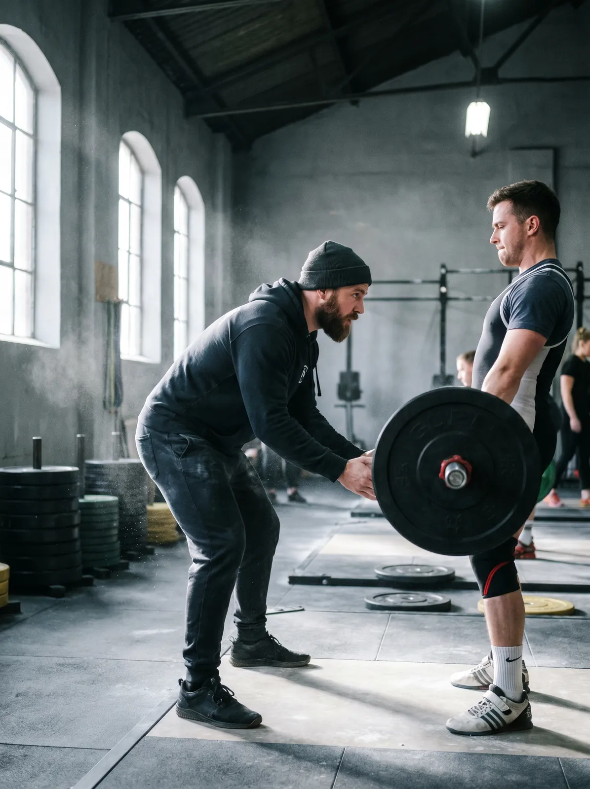 Coach Dane Kowalski spotting a member at the top of an Olympic lift, hands under the plate. Posed by models, not actual staff.