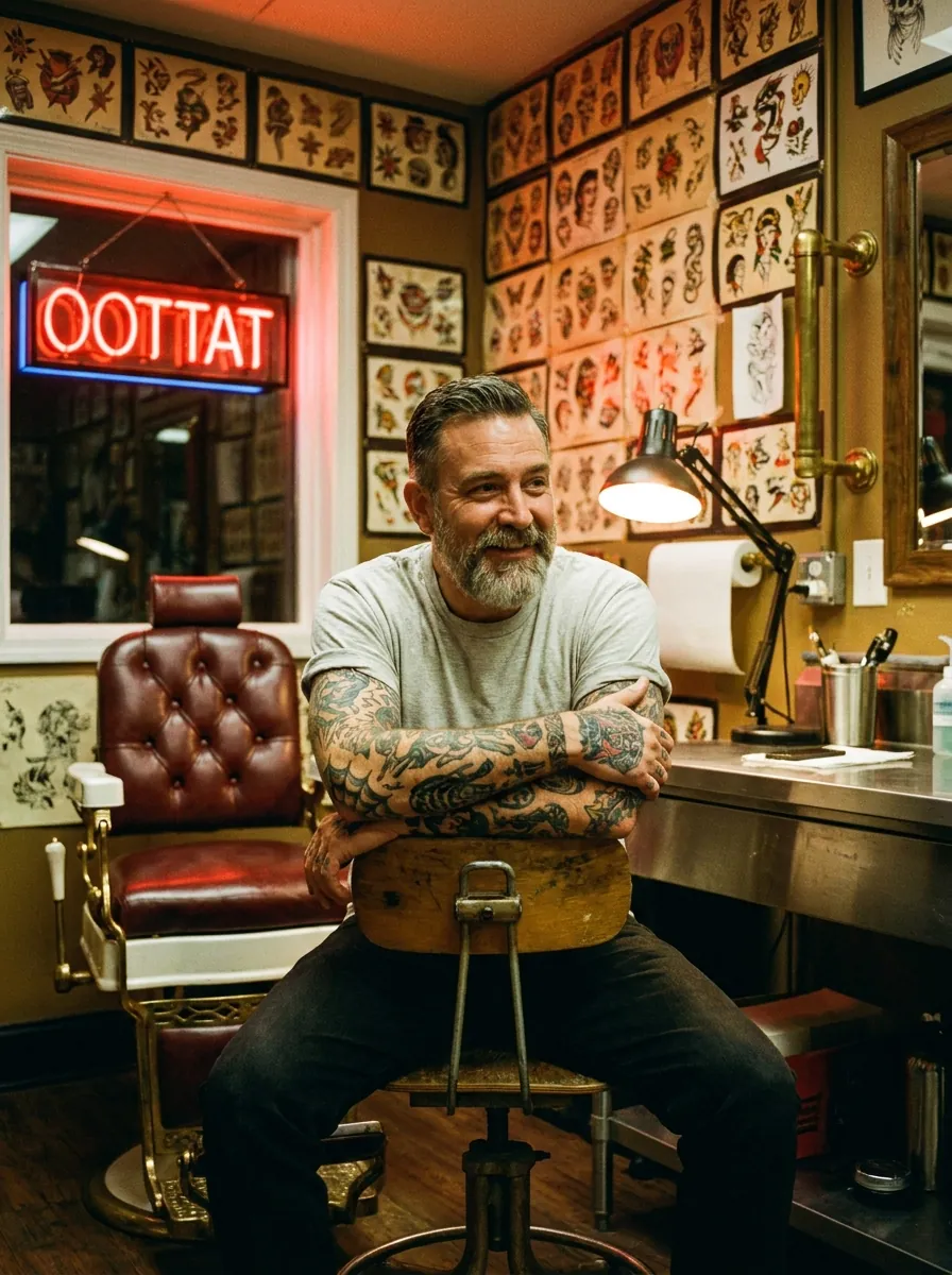 Bearded artist seated at his station, tattooed forearms crossed, neon window sign behind