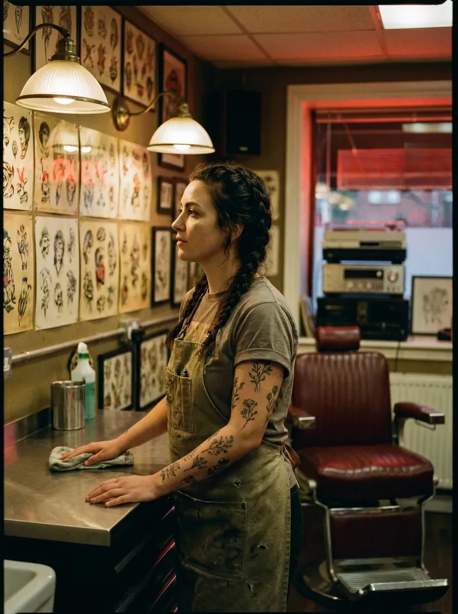 Artist wiping down the steel counter beneath the shop lamps, flash sheets on the wall
