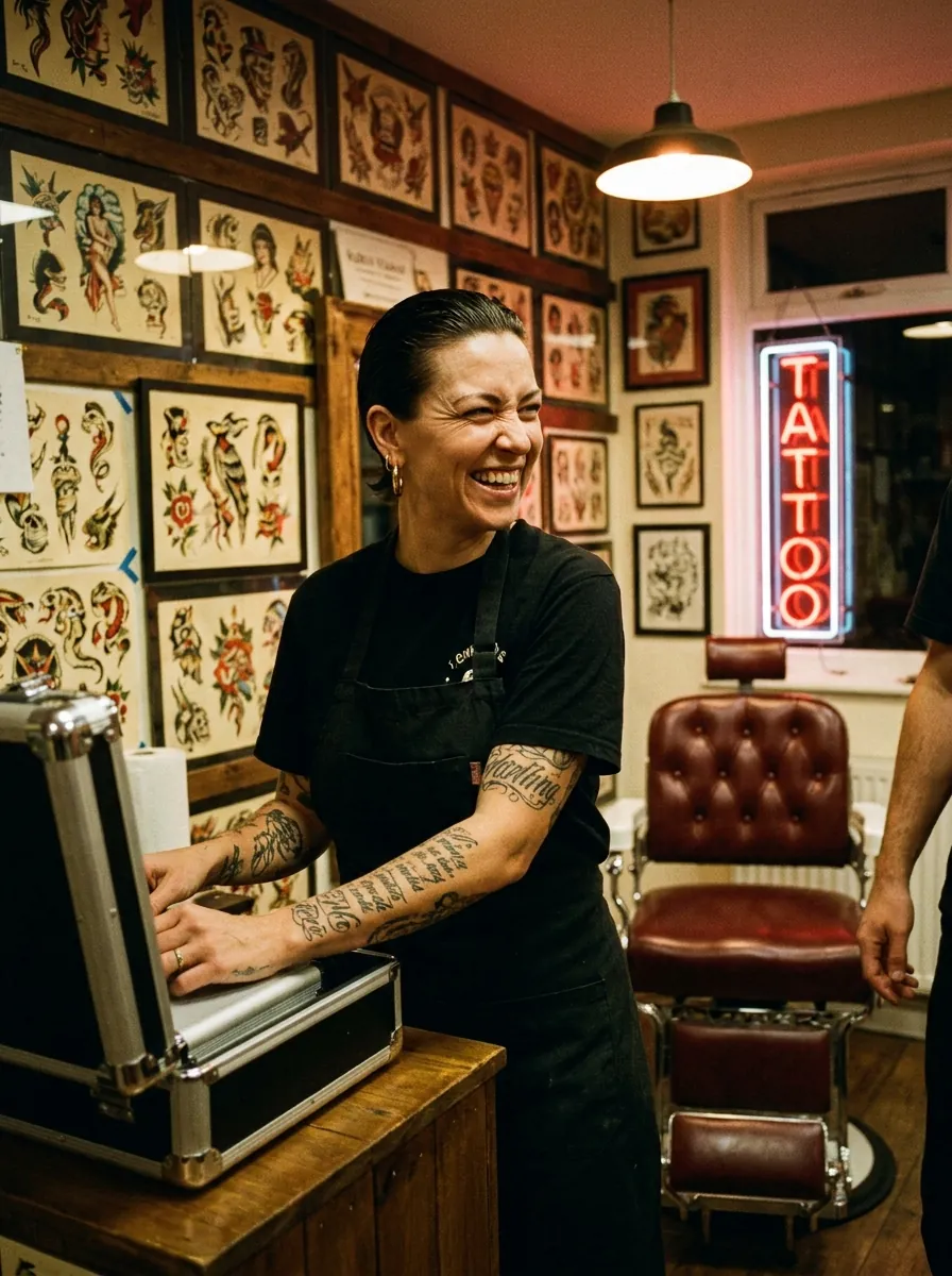 Laughing artist at the front counter with a travel case, framed flash and neon sign behind