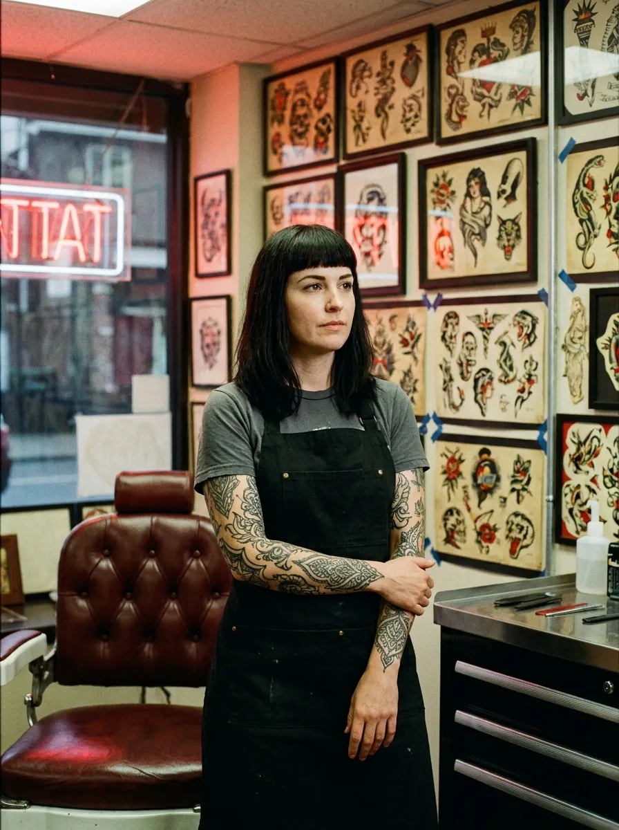 Artist standing beside the studio's oxblood leather chair, flash-covered wall behind her
