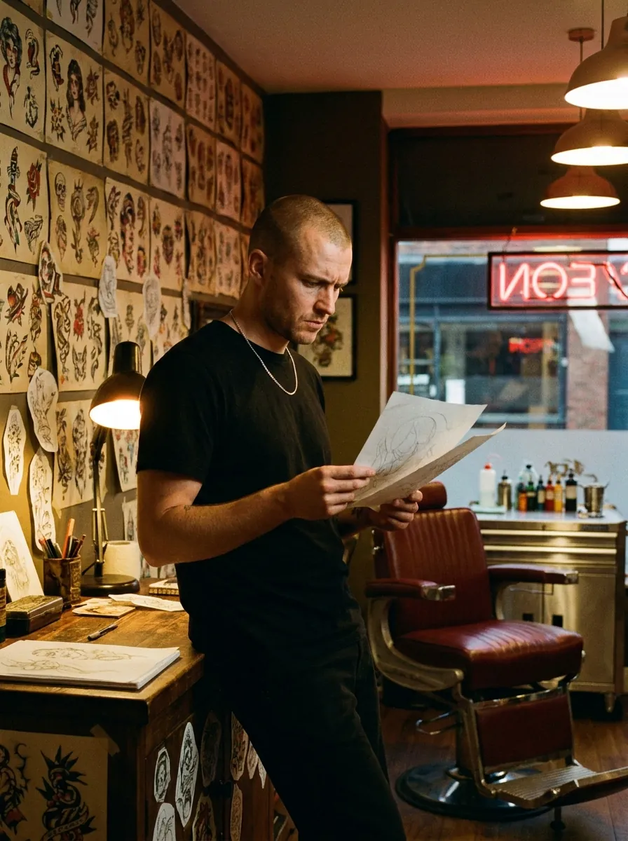 Artist reading a pencil drawing beside a wall of taped flash sheets