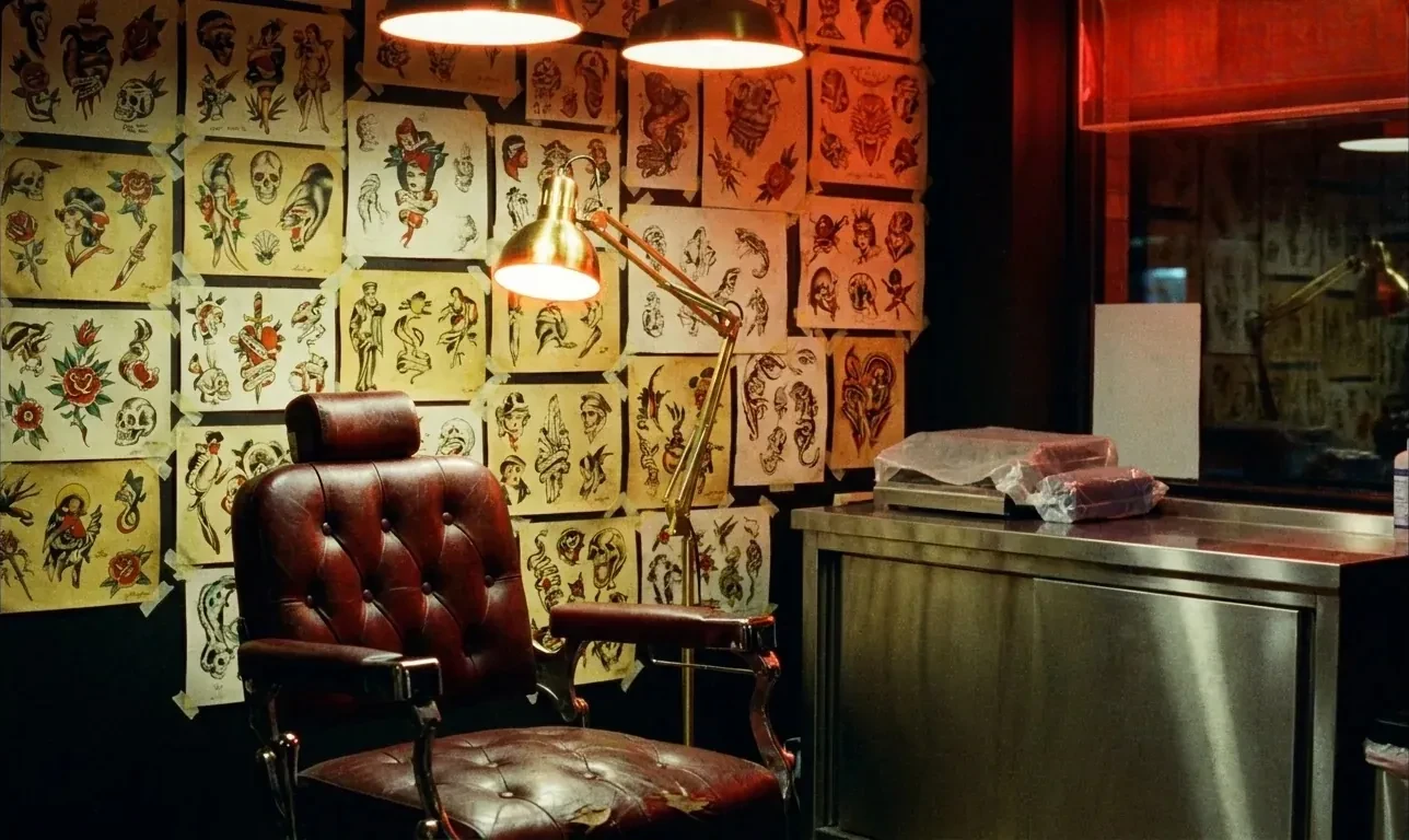 The studio at night: leather chair, brass lamp and flash sheets covering the wall