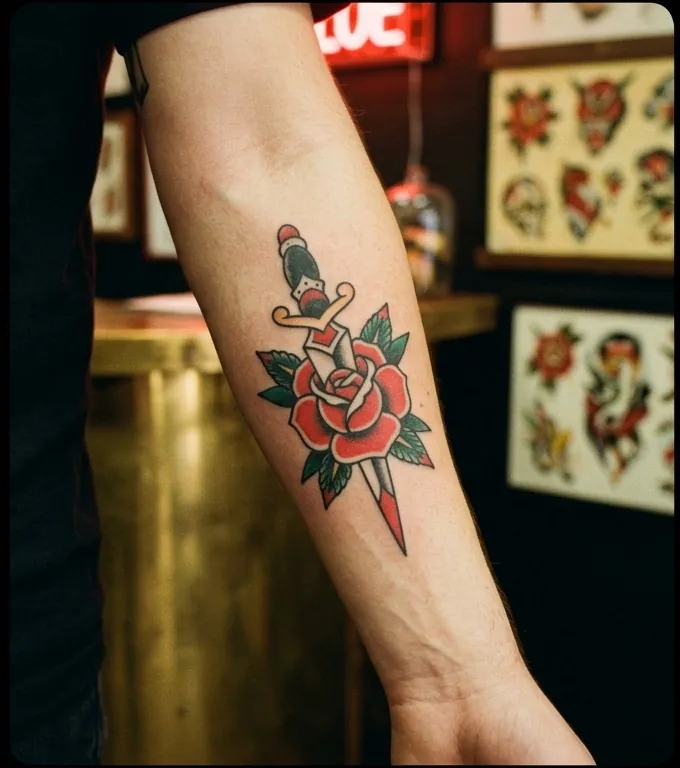 The same dagger and rose tattoo healed and matte at week six