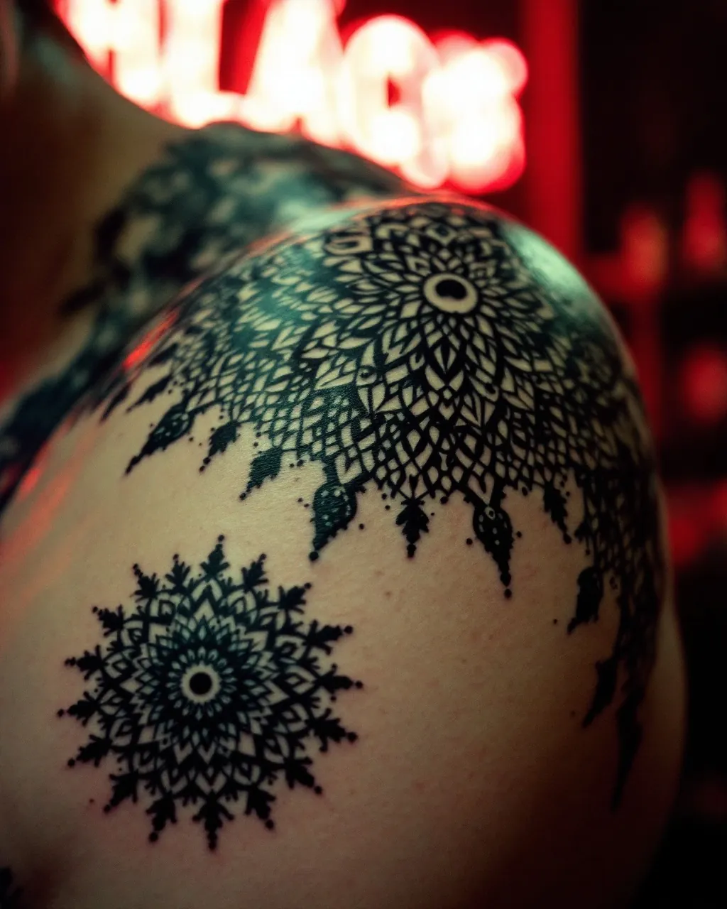 Ornamental blackwork mandala across a shoulder under red light
