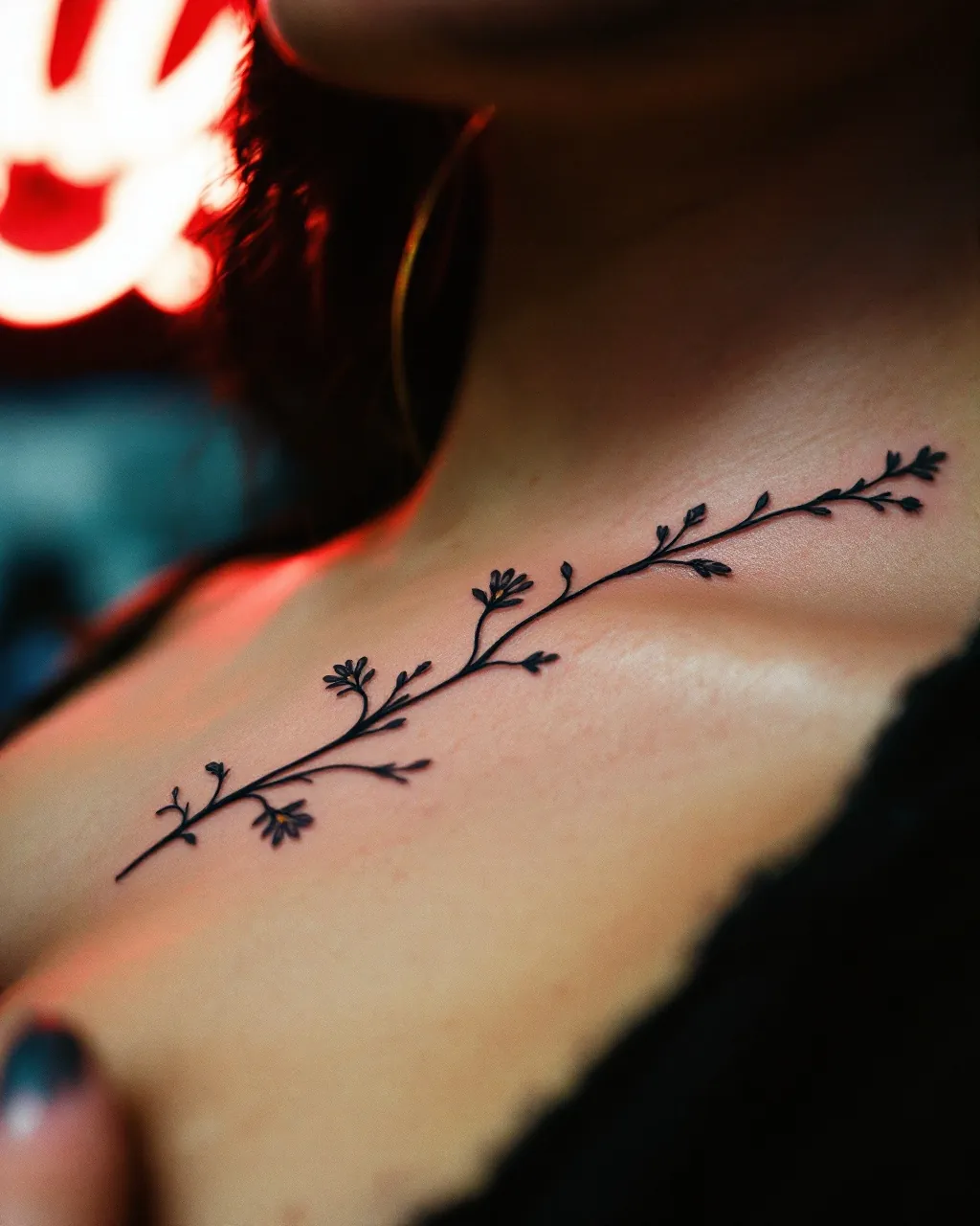 Fine line botanical sprig tattooed along a collarbone