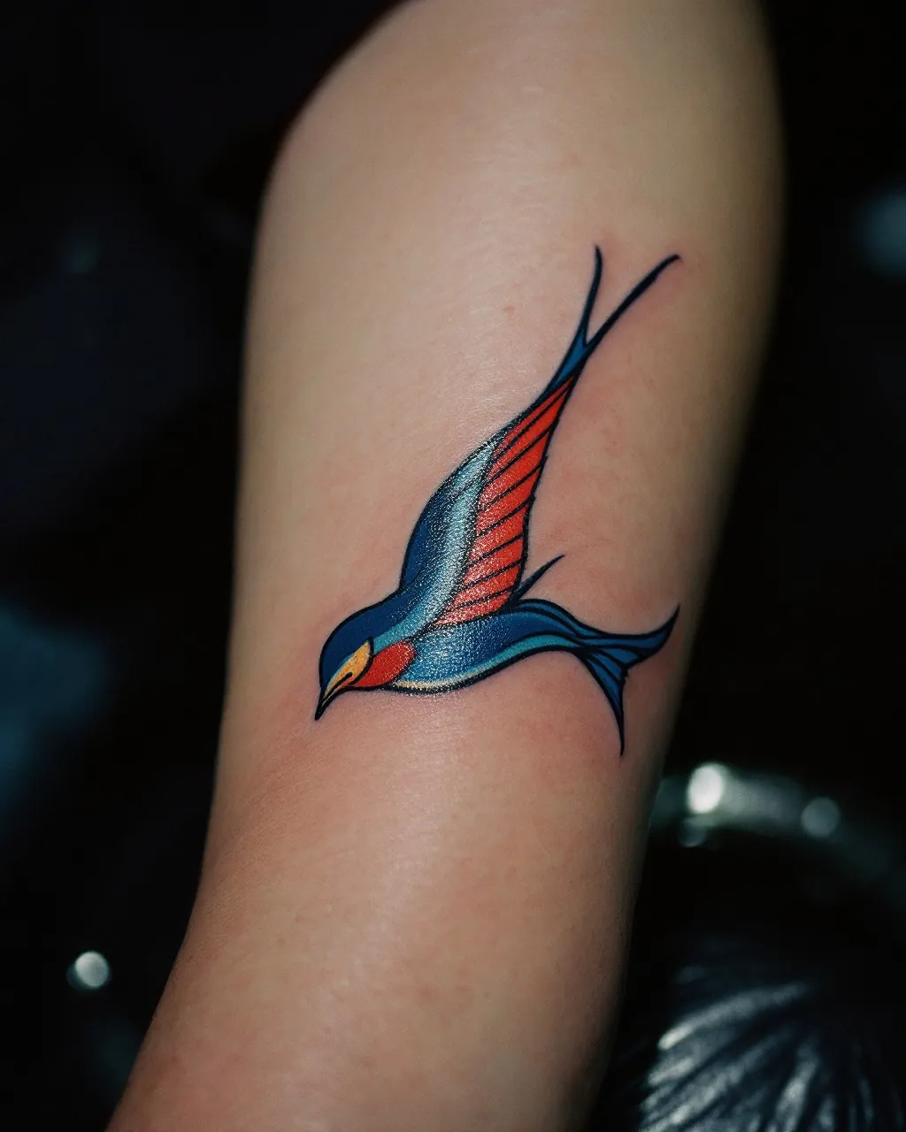 Traditional swallow tattoo in blue and red on an upper arm