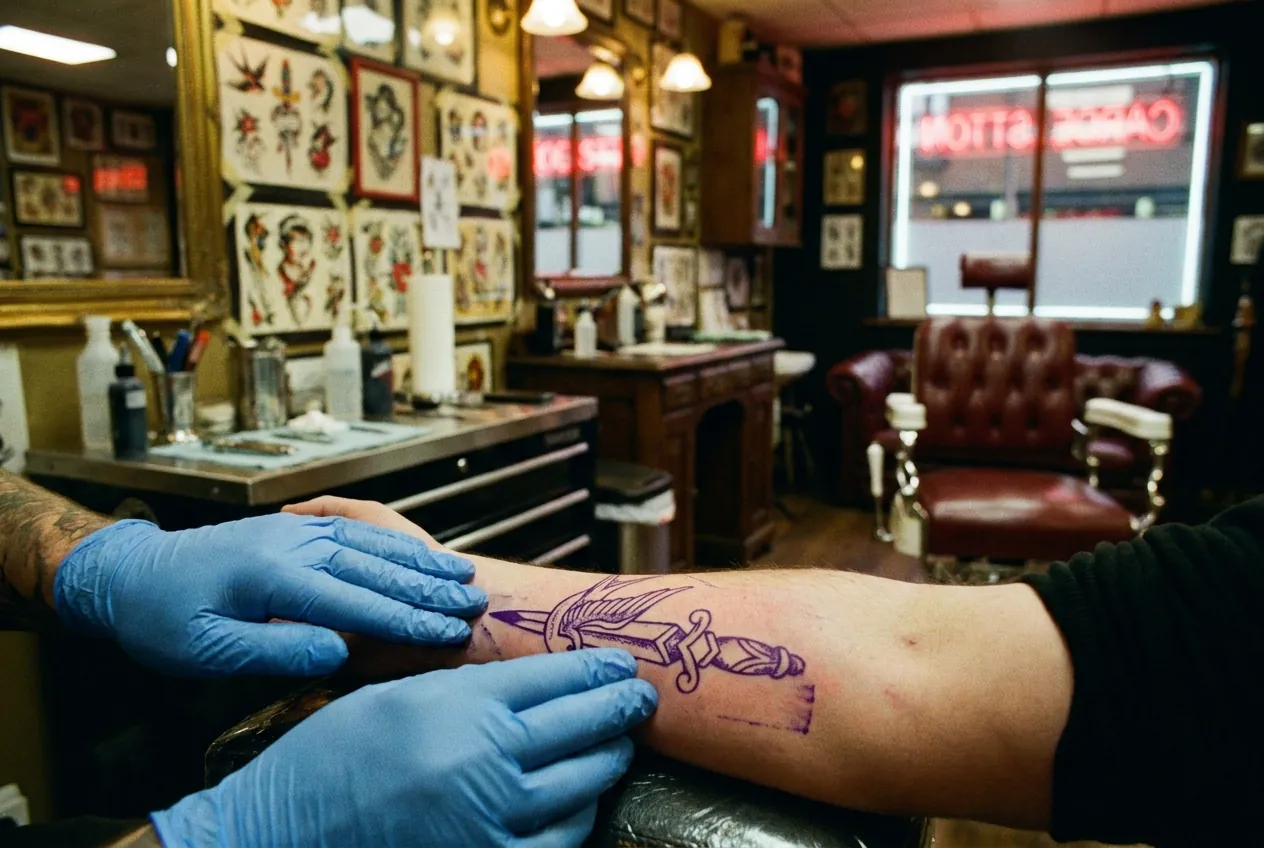 Gloved hands pressing a violet thermal stencil onto a client's forearm
