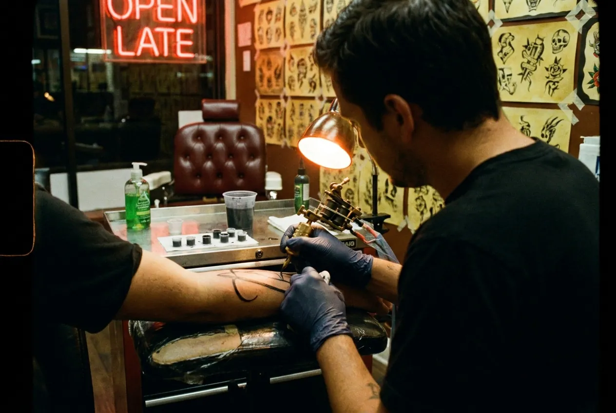 Tattoo artist working on a client's forearm under the lamp, flash wall behind