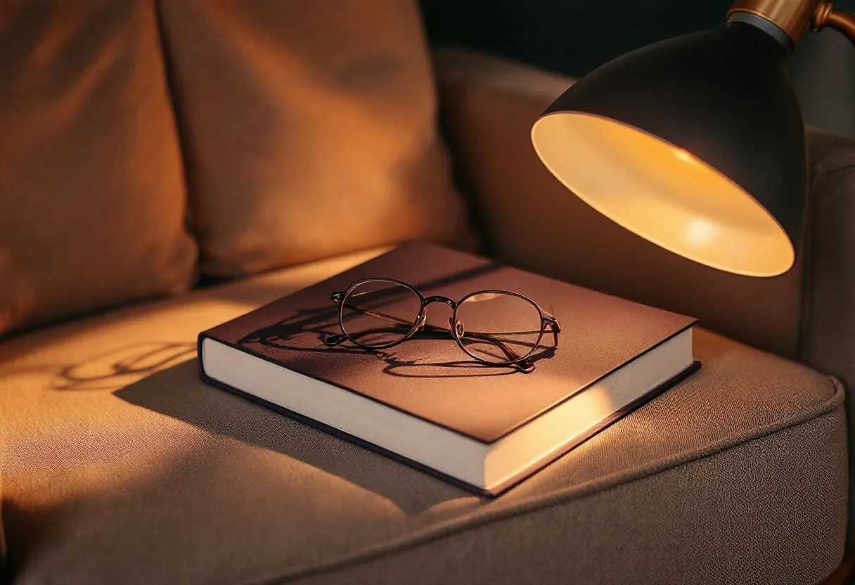 A hardback book laid face-down on a linen armchair under a warm reading lamp