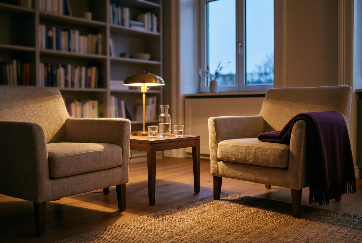 The Aldermead consulting room at dusk: two linen armchairs, a brass lamp and a plum wool throw