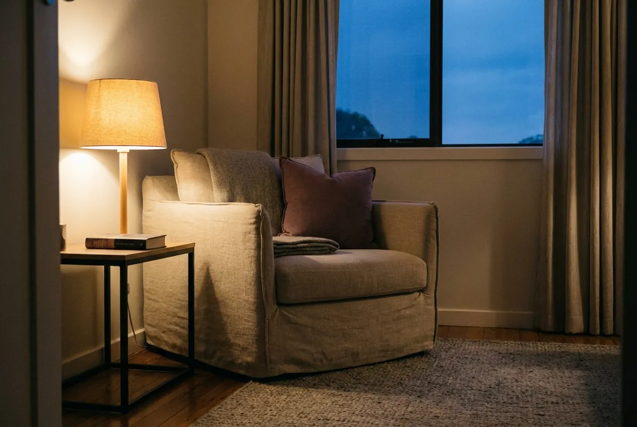 The lamp room at Aldermead Therapy: a linen armchair with a mauve cushion beside a lit table lamp at dusk