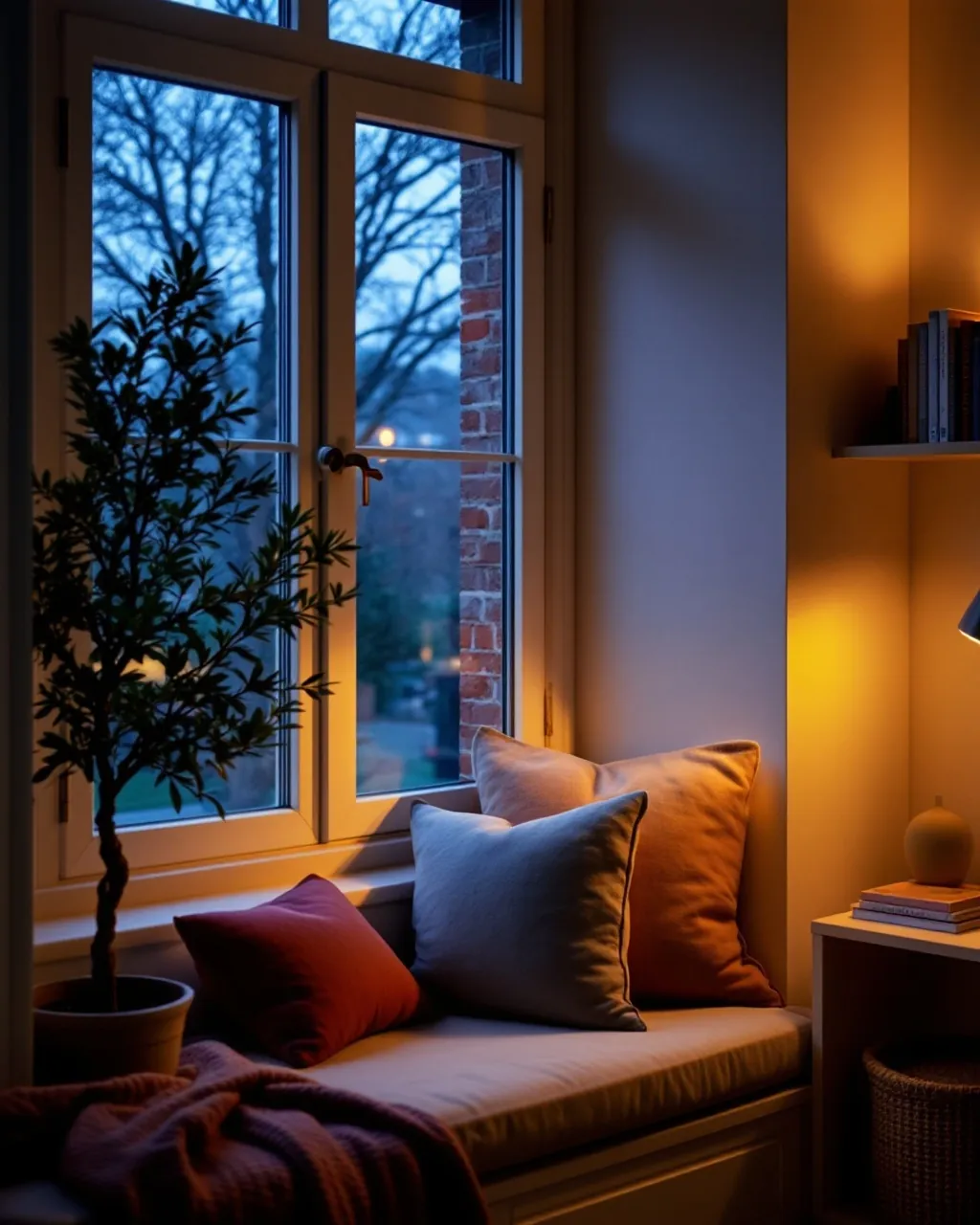 The window room at Aldermead Therapy: a cushioned window seat with an olive tree in evening light