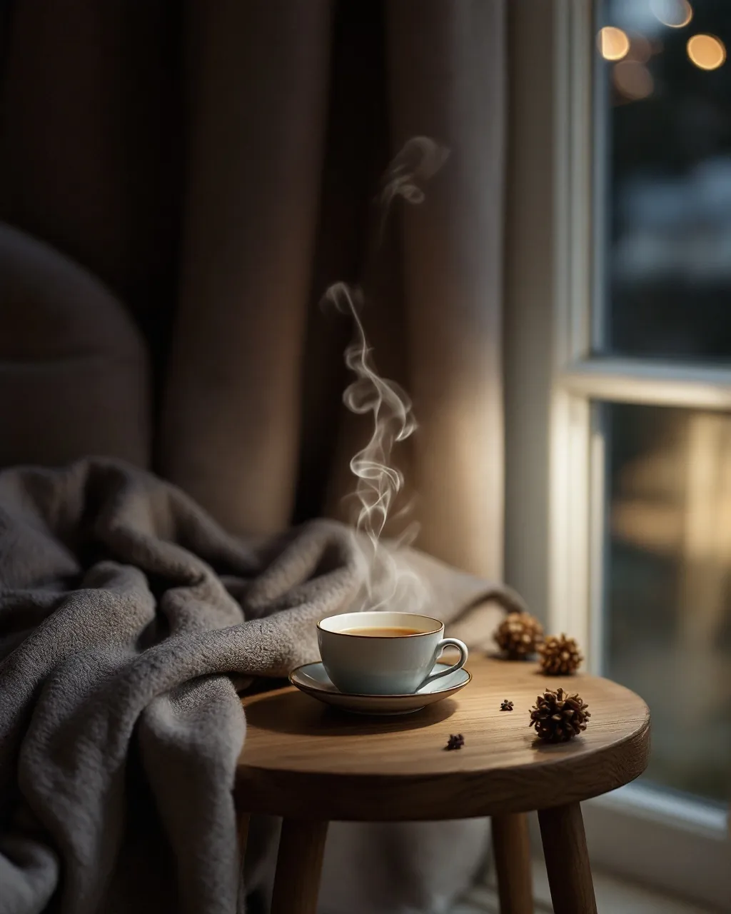Steam rising from a cup of tea beside a folded wool throw in lamplight