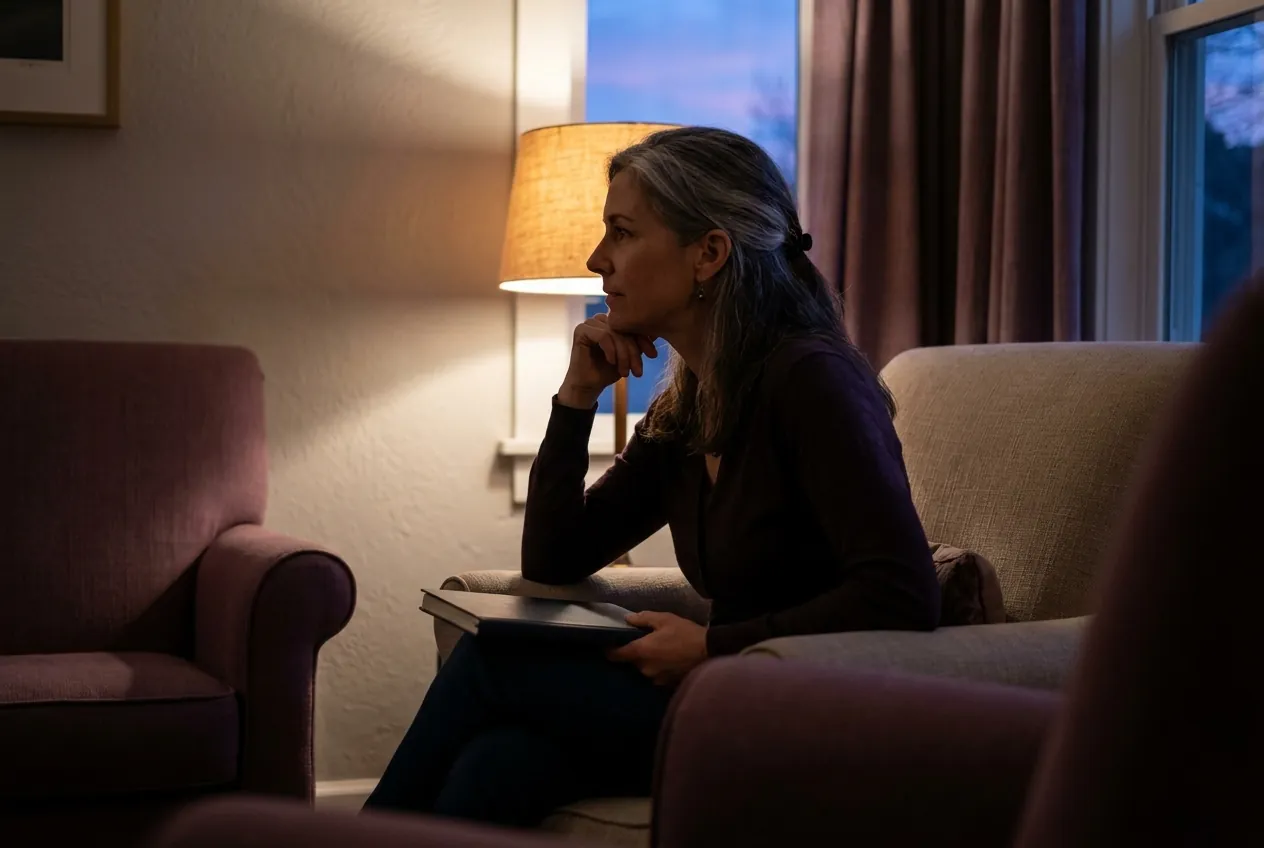 Nell Aldermead in profile, listening in her consulting room at dusk