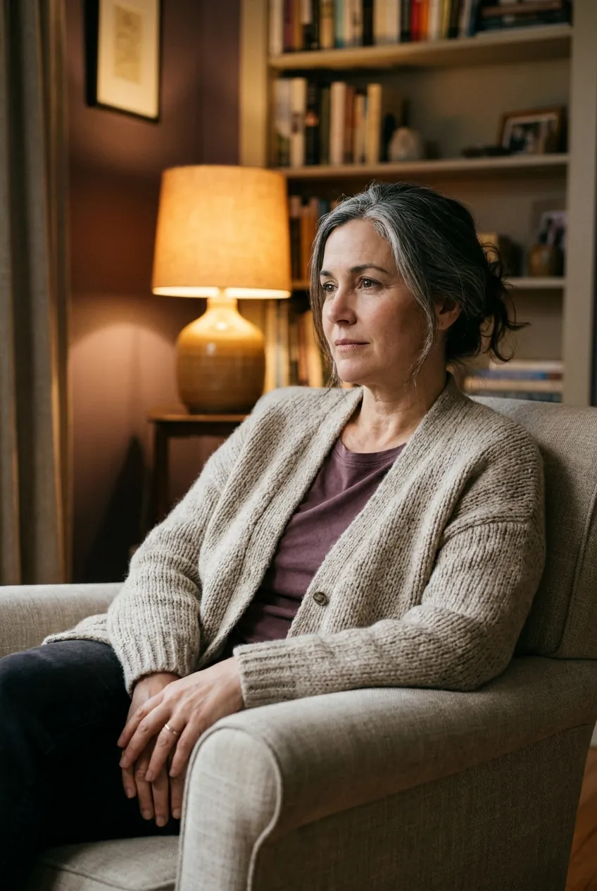 Nell Aldermead, clinical psychologist, seated in her lamplit consulting room