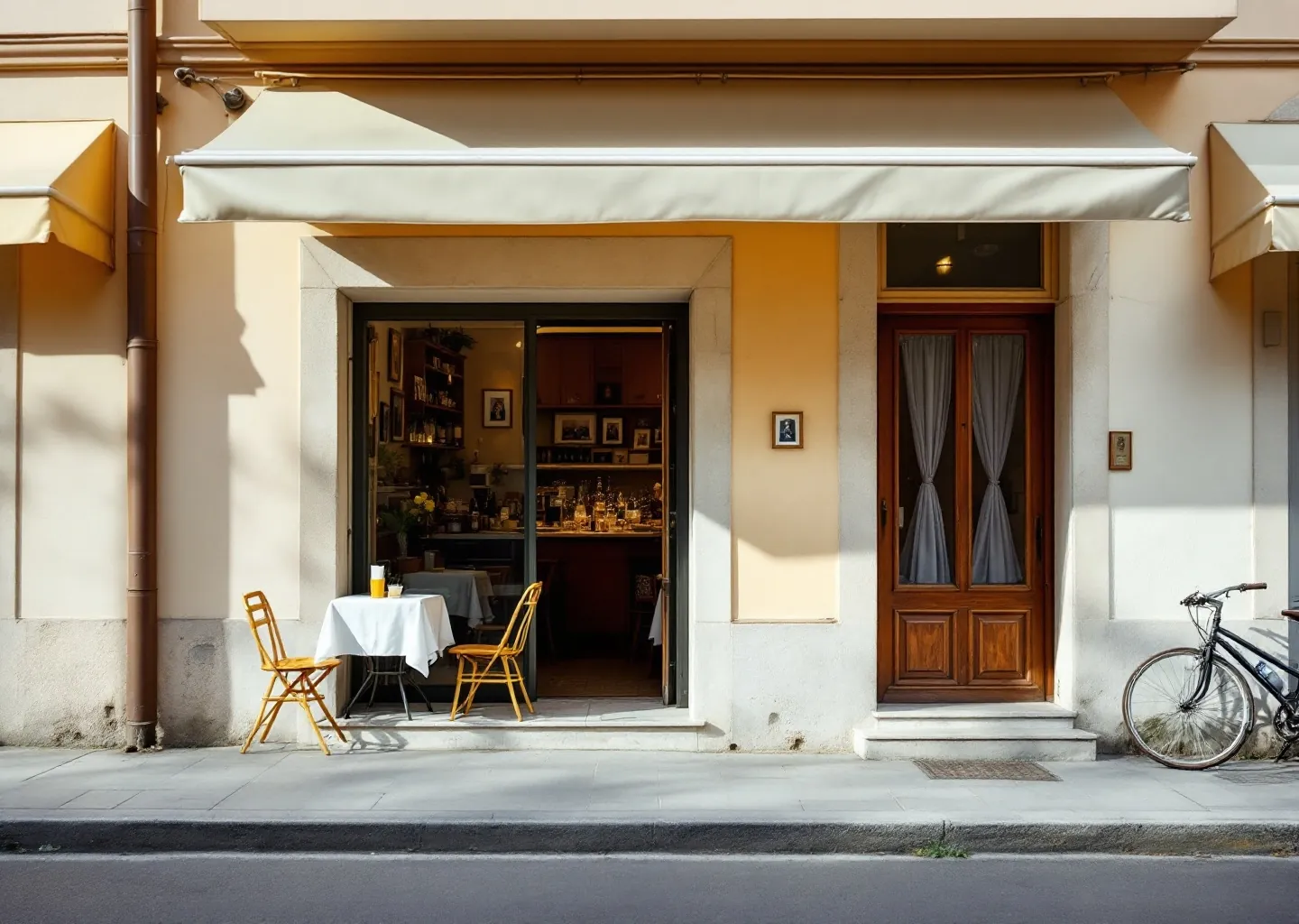 The awning over the doorway and two small tables on the footpath.