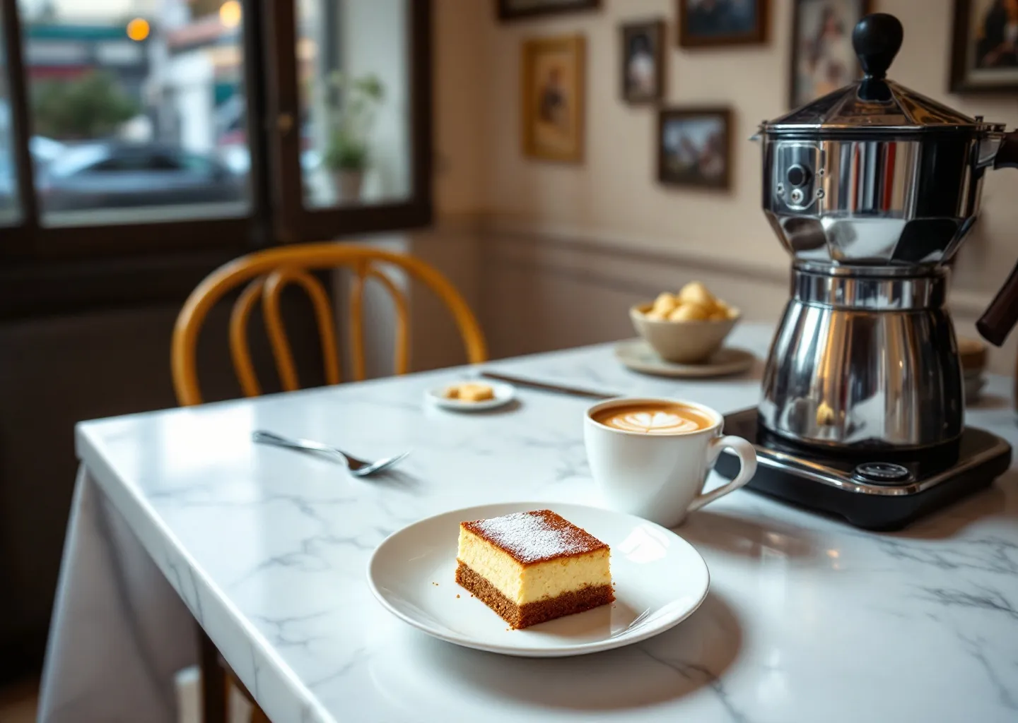 A slice of dolce and an espresso on the marble counter.