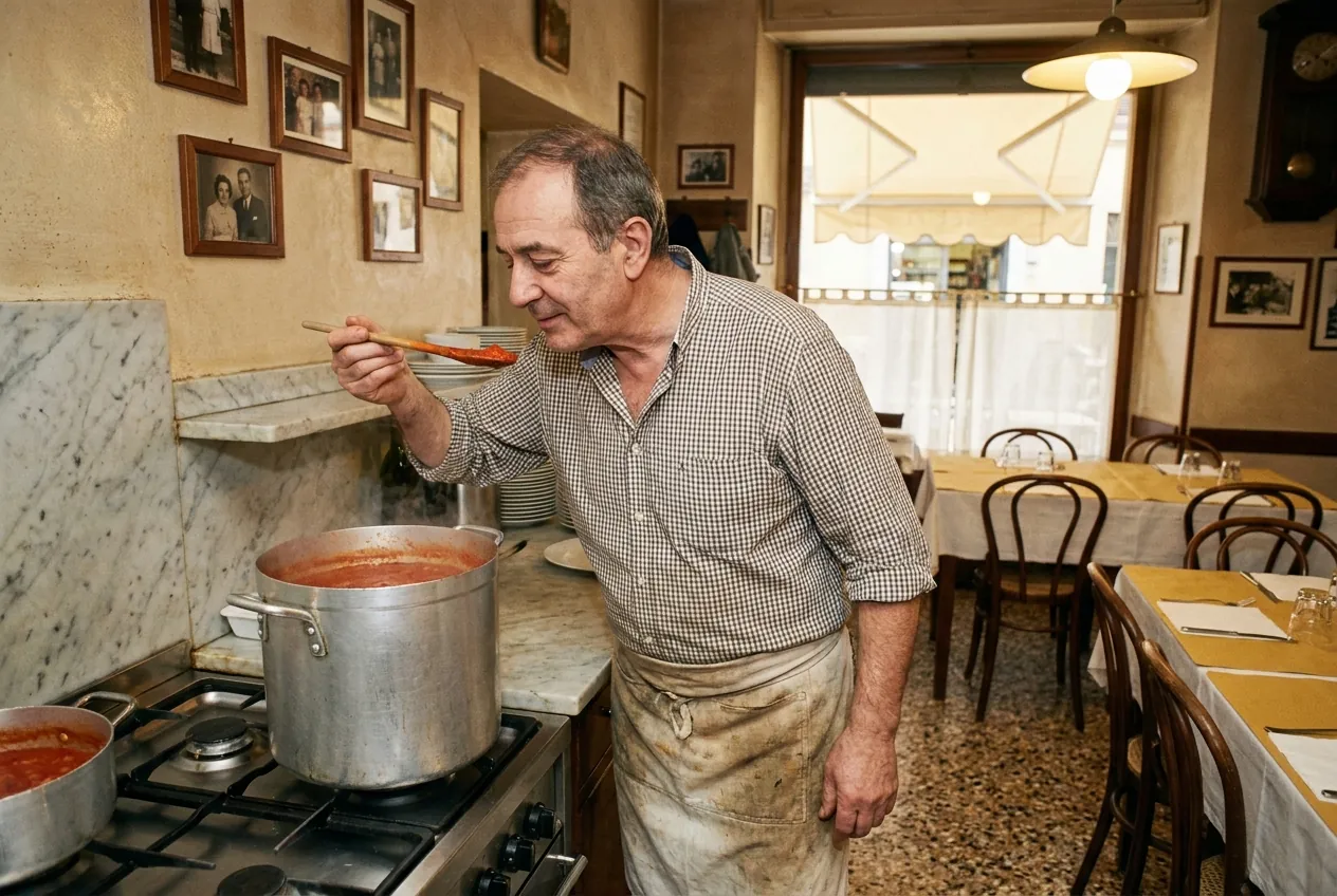 Franco tasting the ragu at the stove, wooden spoon raised.