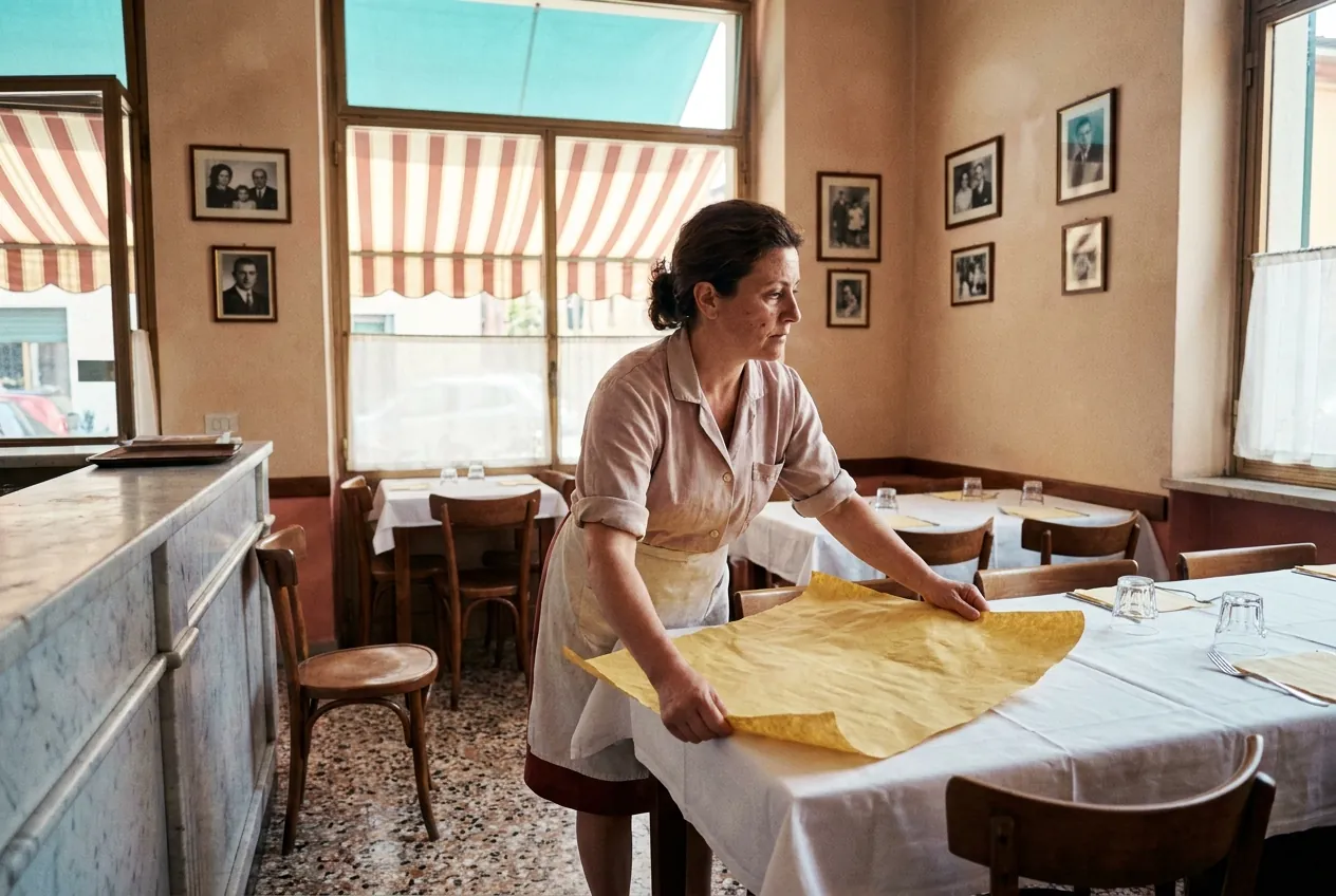 Lucia laying fresh straw paper over a tablecloth between services.