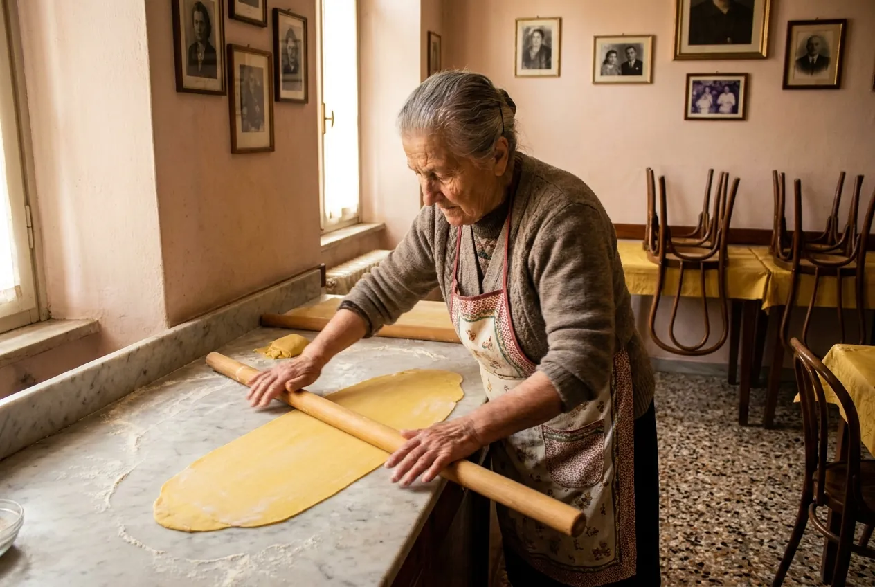 Assunta rolling tagliatelle on the marble bench, flour everywhere it should be.