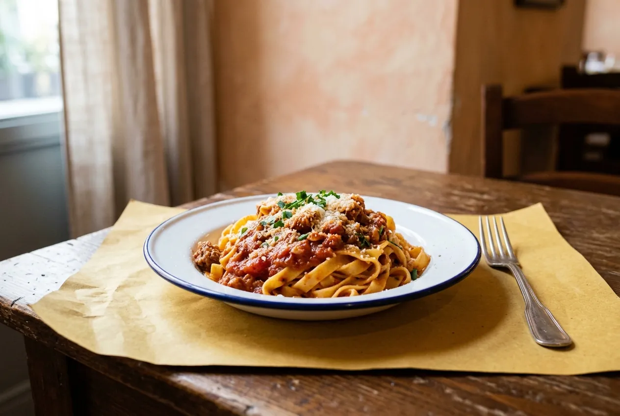 A plate of tagliatelle al ragu on straw paper, fork at the side.