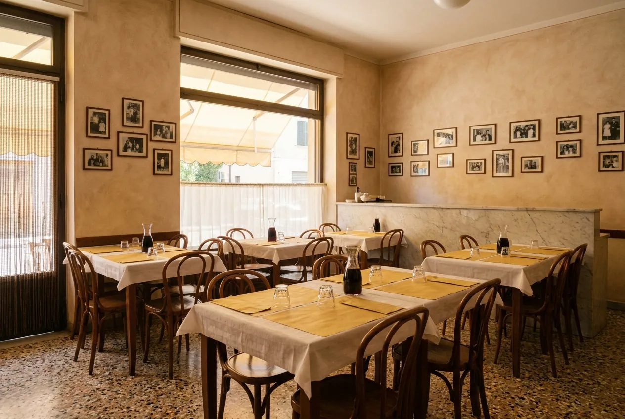 The dining room from the doorway, straw paper on the tables, the marble counter behind.
