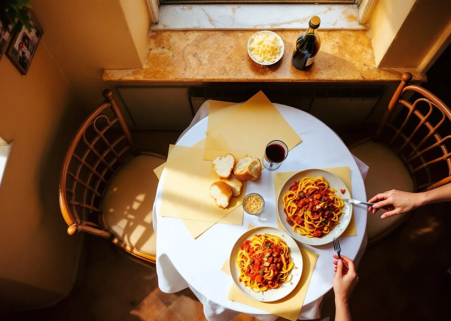 A window table at lunch, two plates of pasta, bread and a glass of red.