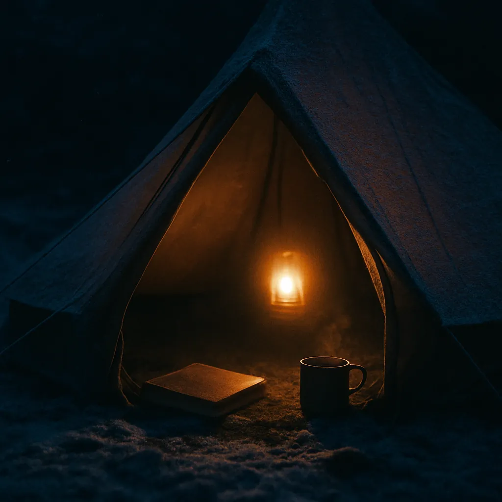 A lit lamp inside an expedition tent at night, warm against the cold dark.