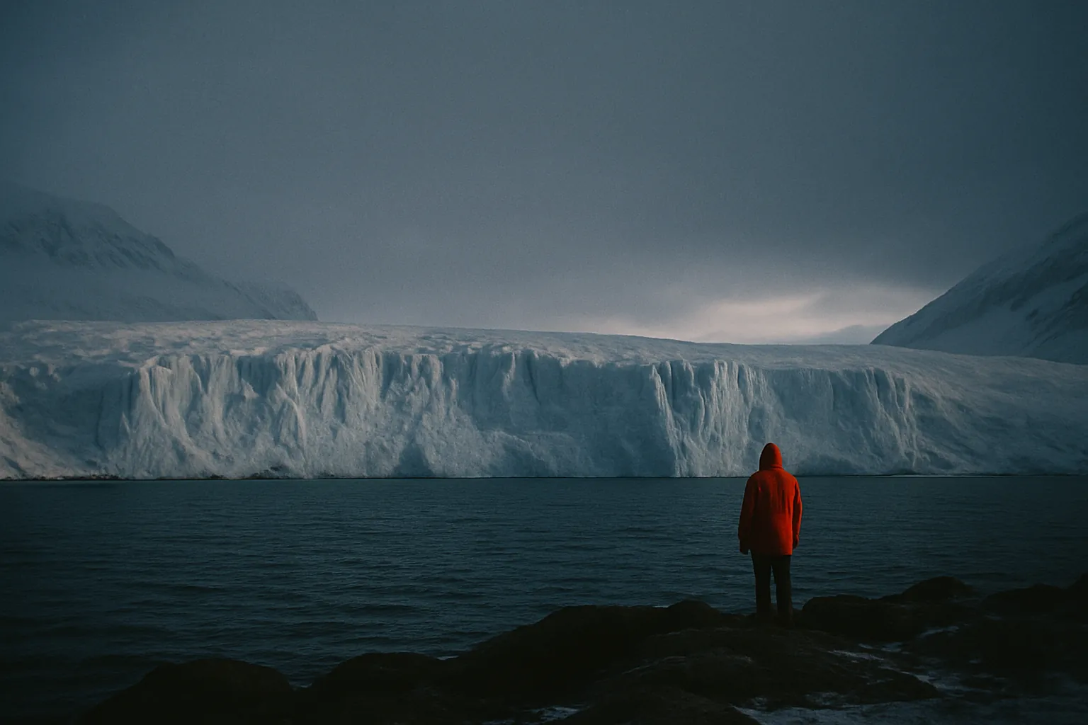 A small figure on the fast ice of a Svalbard fjord at the blue hour, basalt peaks behind.