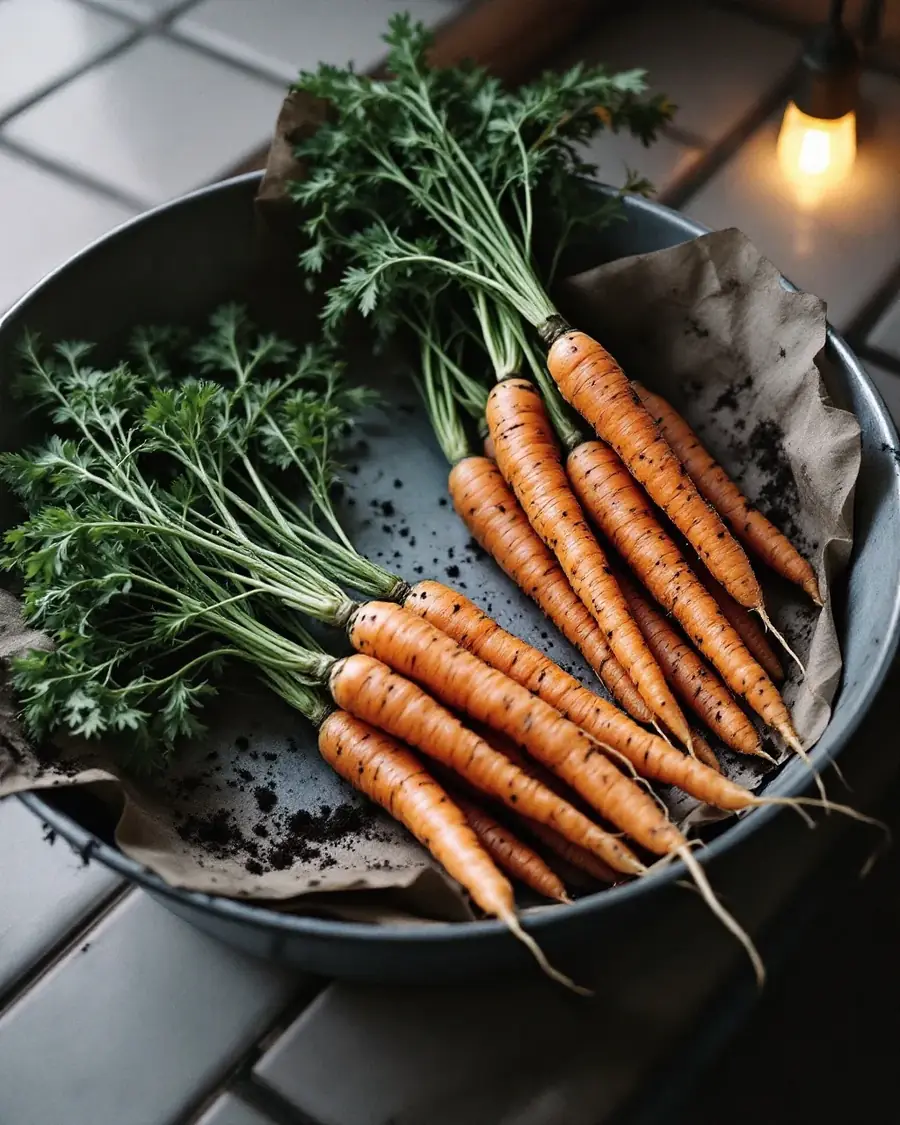A bunch of heirloom carrots with soil still on them, lying in a zinc scale pan on the tiled counter.