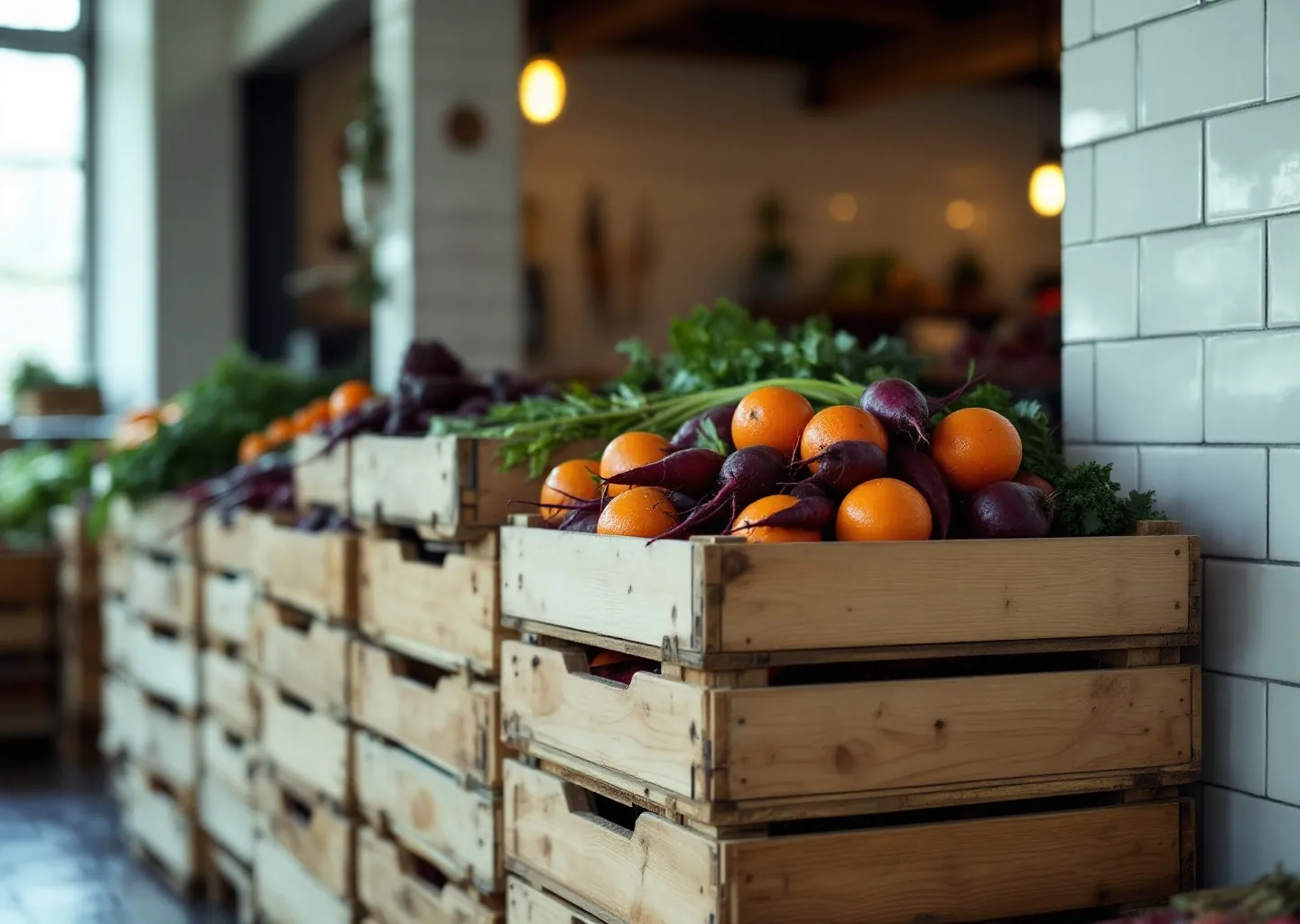 Stacked pine crates of beetroot, blood oranges and greens against the white tiled wall.